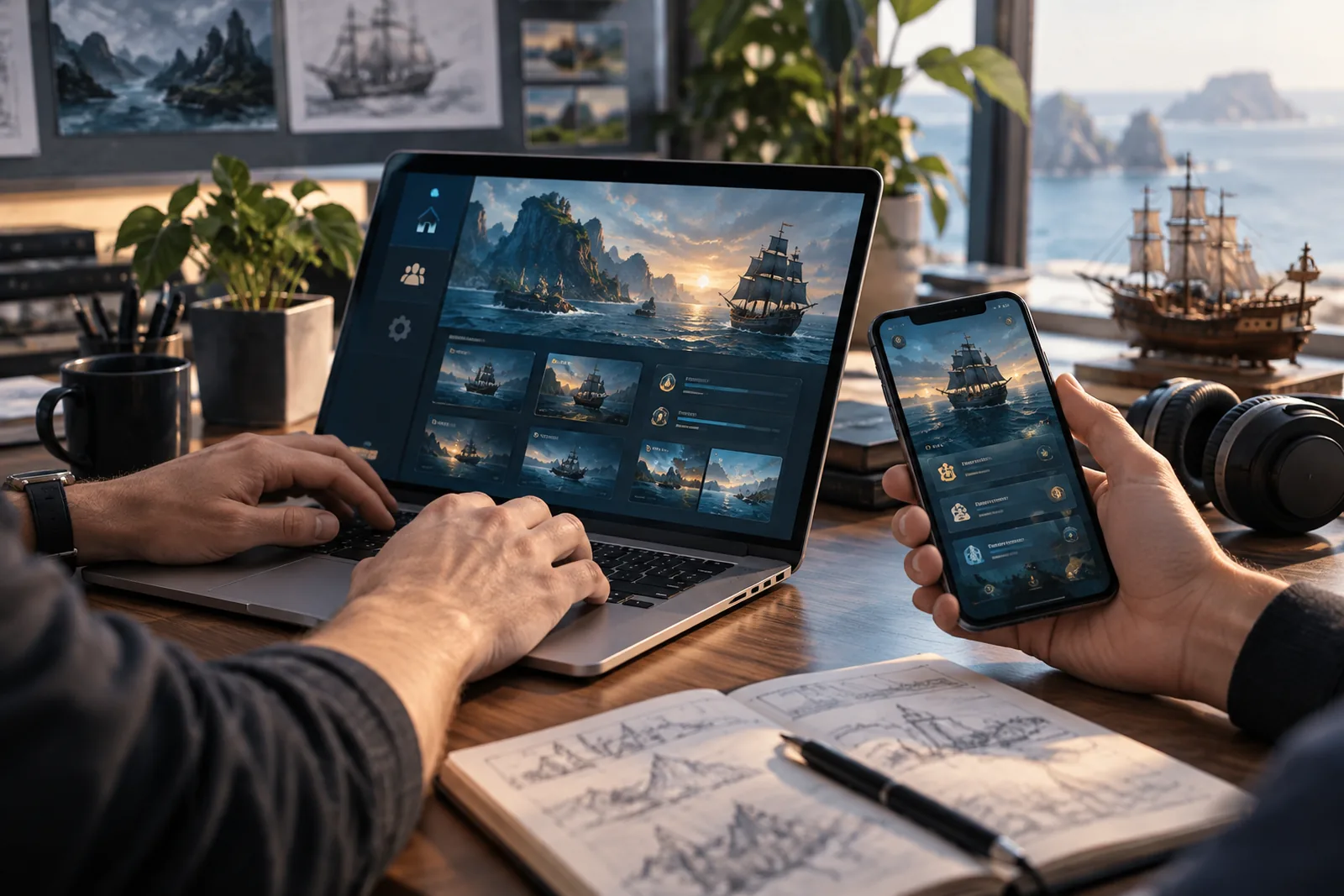 Conceptuele supportwerkplek met laptop, telefoon en een maritieme gameomgeving