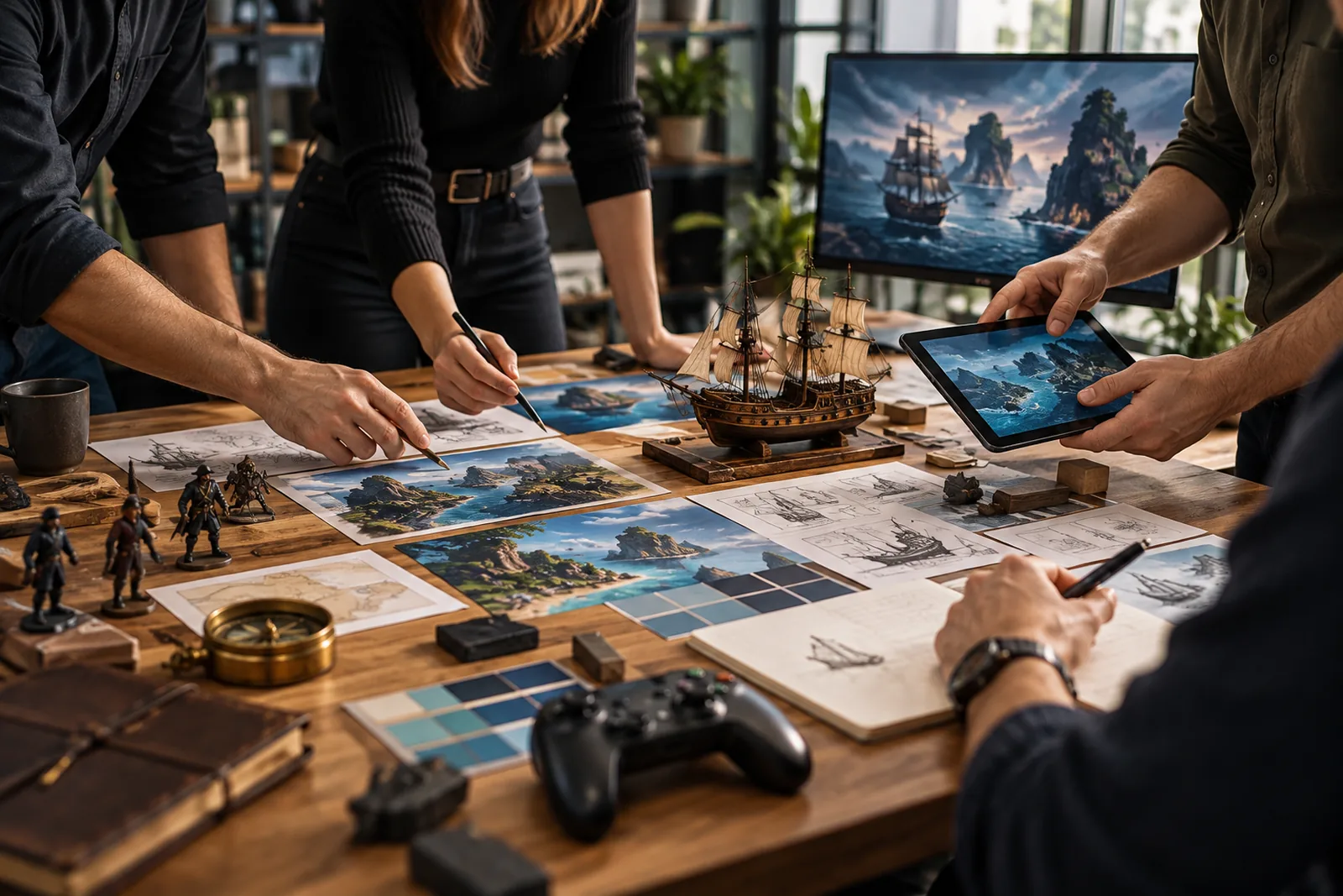 Conceptuele studioscène met handen, schetsen, een scheepsmodel en spelbeelden