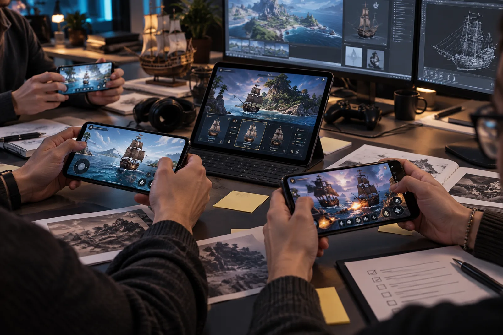 Conceptuele testsessie van een maritieme mobiele game op meerdere apparaten