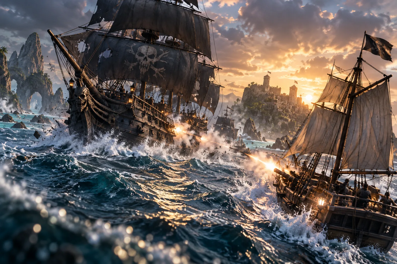 Een kleiner schip neemt het op tegen een zwaar bewapend piratenvlaggenschip
