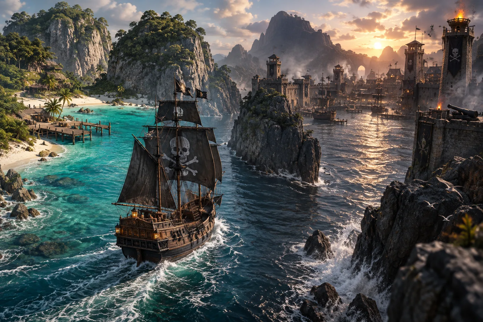 Een schip vaart van een rustige lagune door een smalle rotsroute naar een versterkte piratenhaven