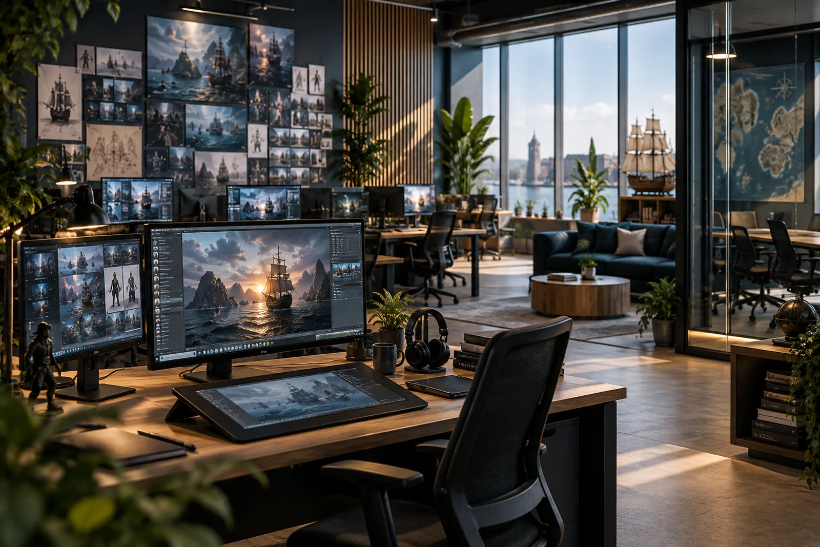 Conceptuele moderne studio-omgeving met werkplekken voor game art, ontwerp en review