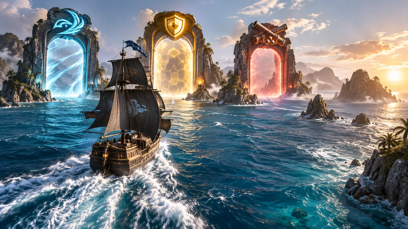 Een schip nadert drie visuele upgradepoorten voor snelheid, verdediging en vuurkracht